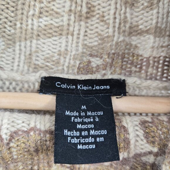 Vintage Calvin Klein Camel Brown Floral Turtleneck Metallic Sweater Medium - Picture 10 of 16